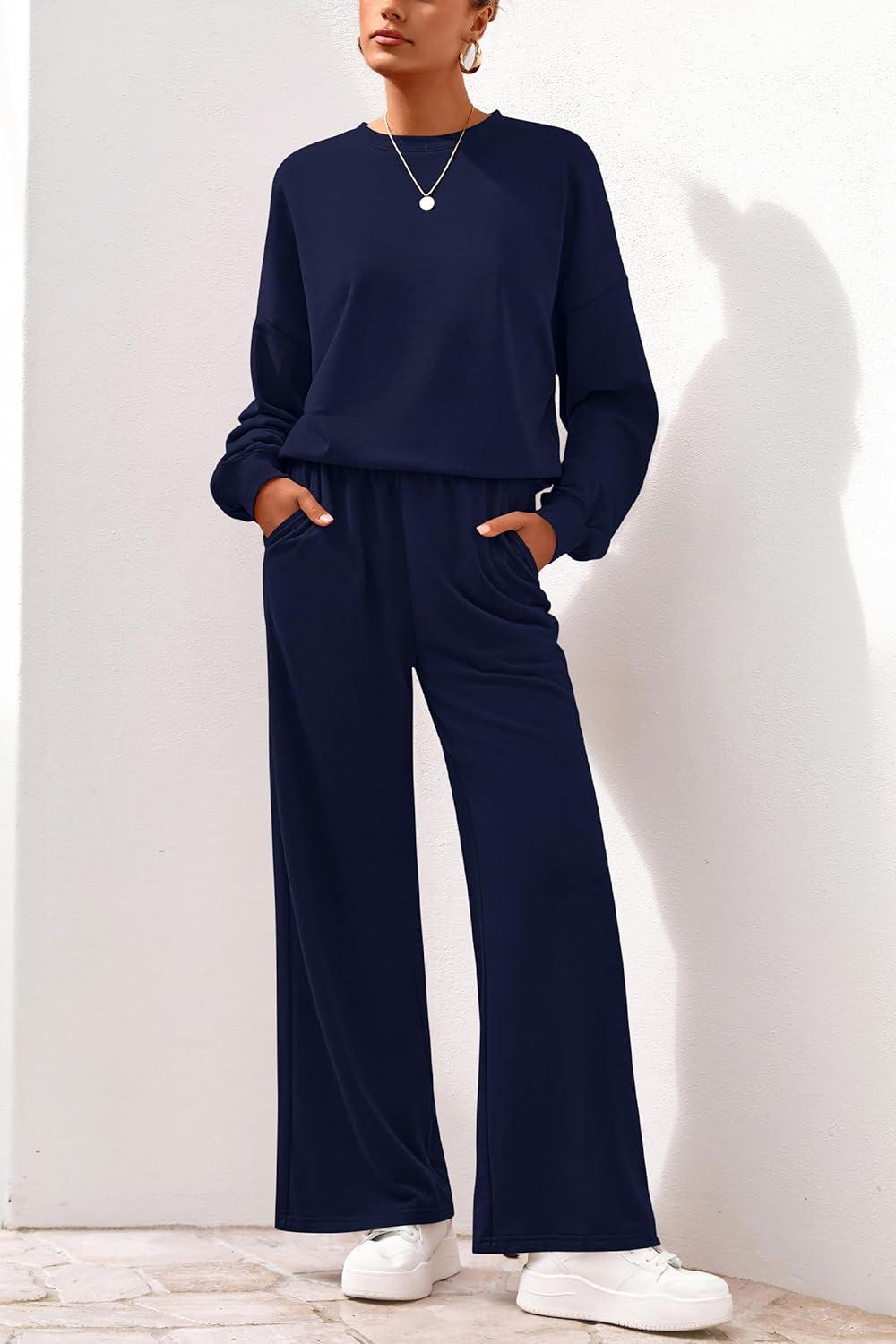 imagePRETTYGARDEN Women 2 Piece Outfits 2026 Spring Sweatsuits Crewneck Sweatshirt Wide Leg Sweatpants Lounge Sets TracksuitNavy Blue