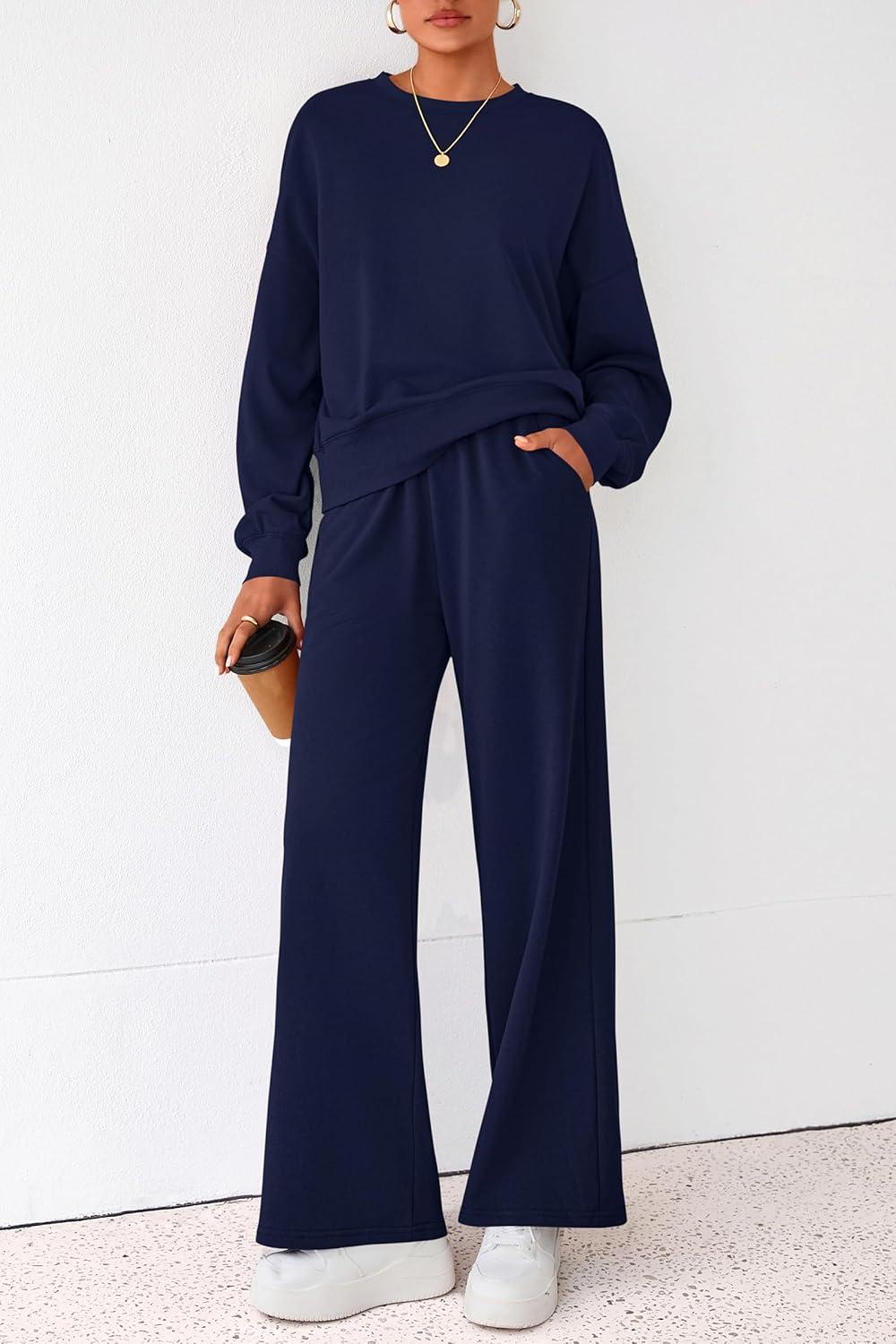 imagePRETTYGARDEN Women 2 Piece Outfits 2026 Spring Sweatsuits Crewneck Sweatshirt Wide Leg Sweatpants Lounge Sets TracksuitNavy Blue