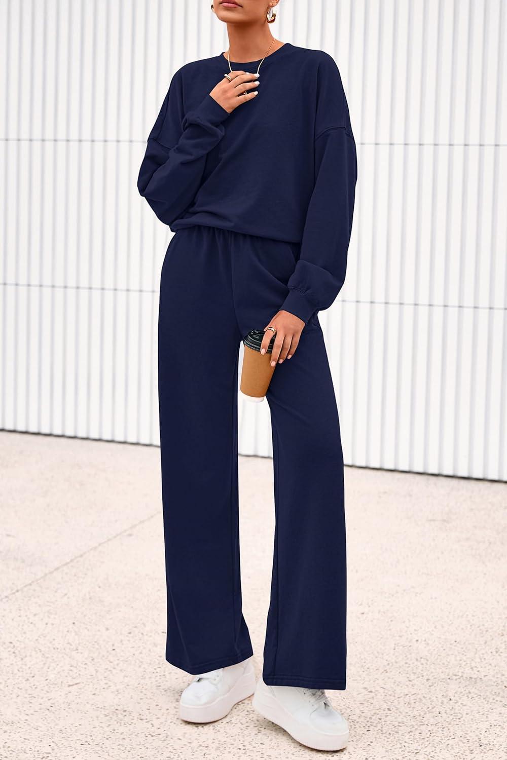 imagePRETTYGARDEN Women 2 Piece Outfits 2026 Spring Sweatsuits Crewneck Sweatshirt Wide Leg Sweatpants Lounge Sets TracksuitNavy Blue