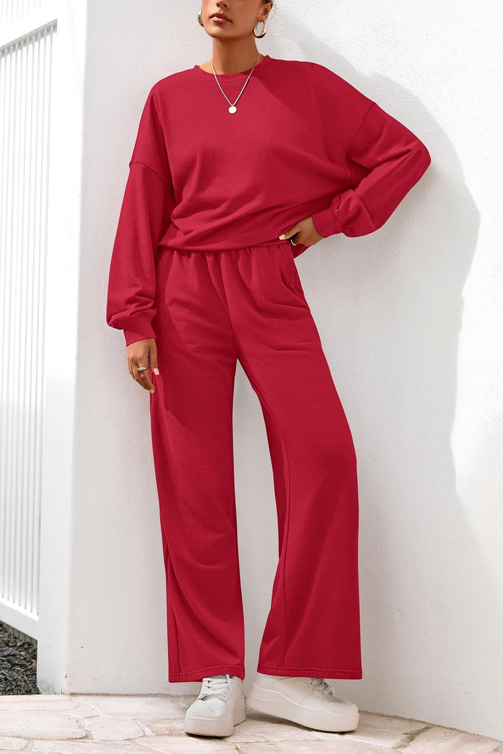 imagePRETTYGARDEN Women 2 Piece Outfits 2026 Spring Sweatsuits Crewneck Sweatshirt Wide Leg Sweatpants Lounge Sets TracksuitRed