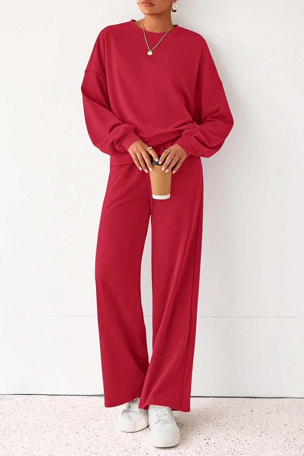 imagePRETTYGARDEN Women 2 Piece Outfits 2026 Spring Sweatsuits Crewneck Sweatshirt Wide Leg Sweatpants Lounge Sets TracksuitRed