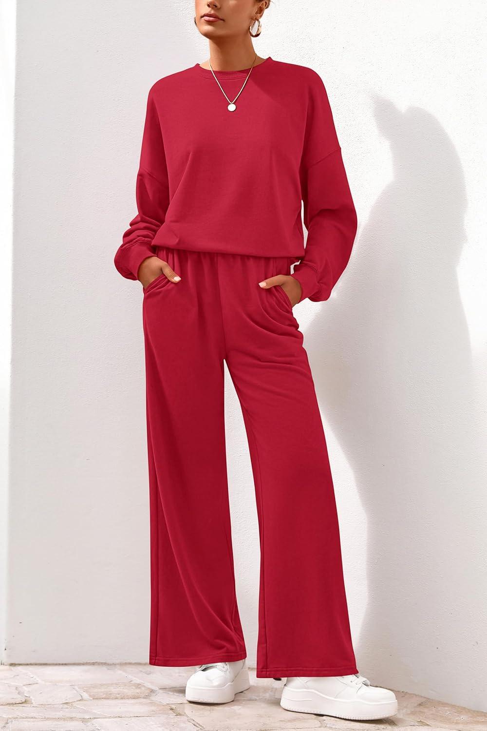 imagePRETTYGARDEN Women 2 Piece Outfits 2026 Spring Sweatsuits Crewneck Sweatshirt Wide Leg Sweatpants Lounge Sets TracksuitRed