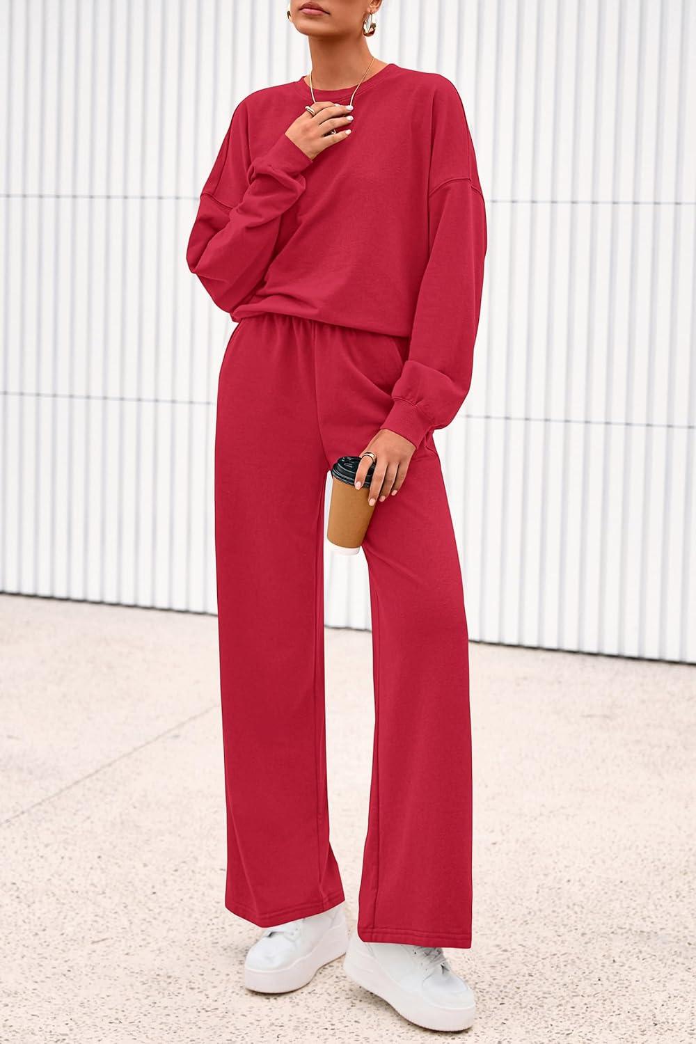 imagePRETTYGARDEN Women 2 Piece Outfits 2026 Spring Sweatsuits Crewneck Sweatshirt Wide Leg Sweatpants Lounge Sets TracksuitRed