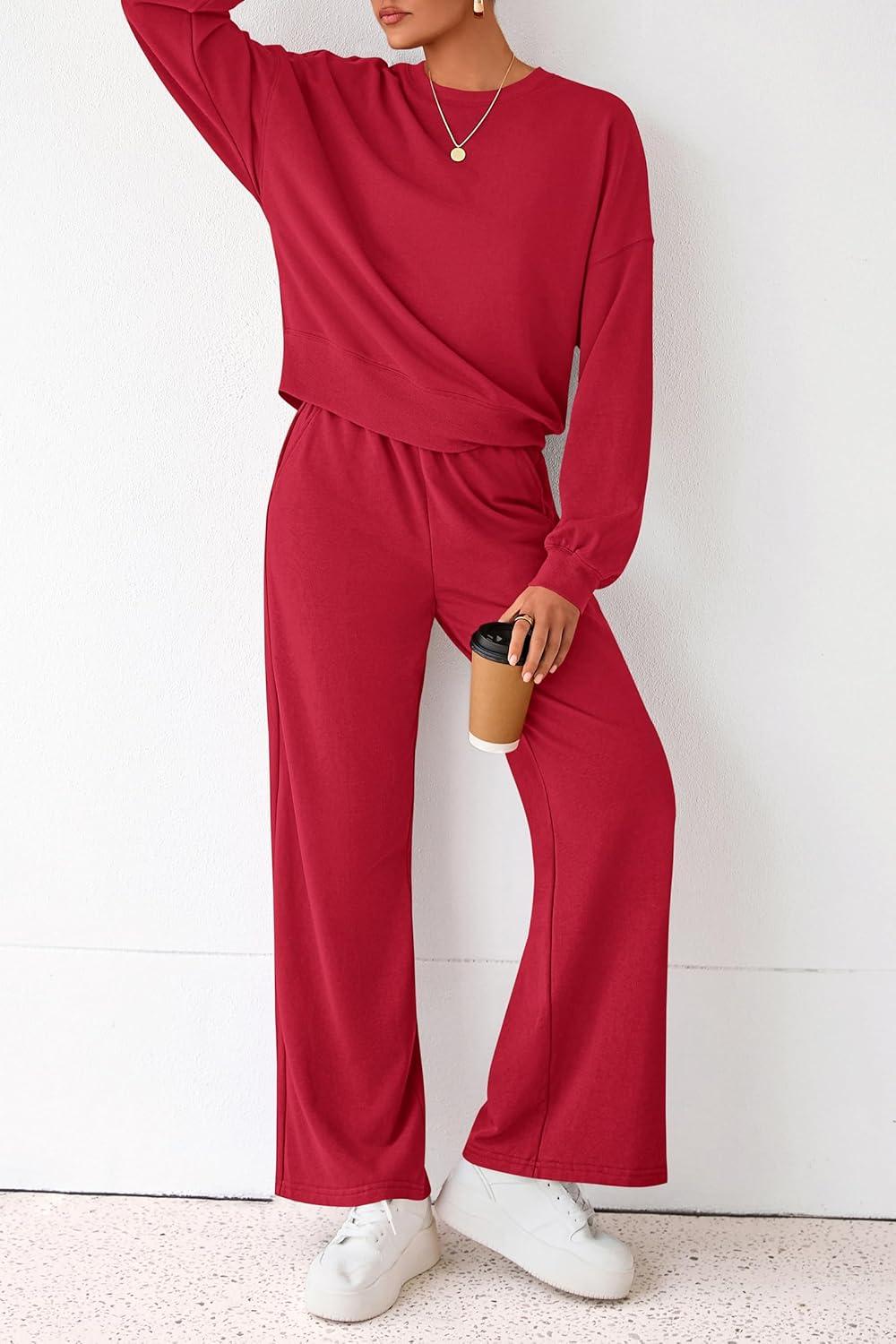 imagePRETTYGARDEN Women 2 Piece Outfits 2026 Spring Sweatsuits Crewneck Sweatshirt Wide Leg Sweatpants Lounge Sets TracksuitRed