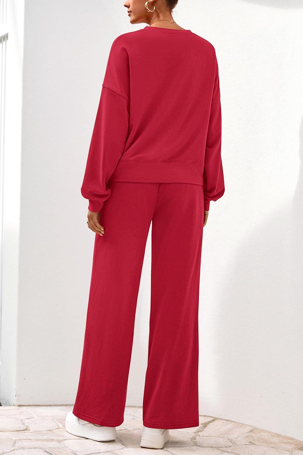 imagePRETTYGARDEN Women 2 Piece Outfits 2026 Spring Sweatsuits Crewneck Sweatshirt Wide Leg Sweatpants Lounge Sets TracksuitRed