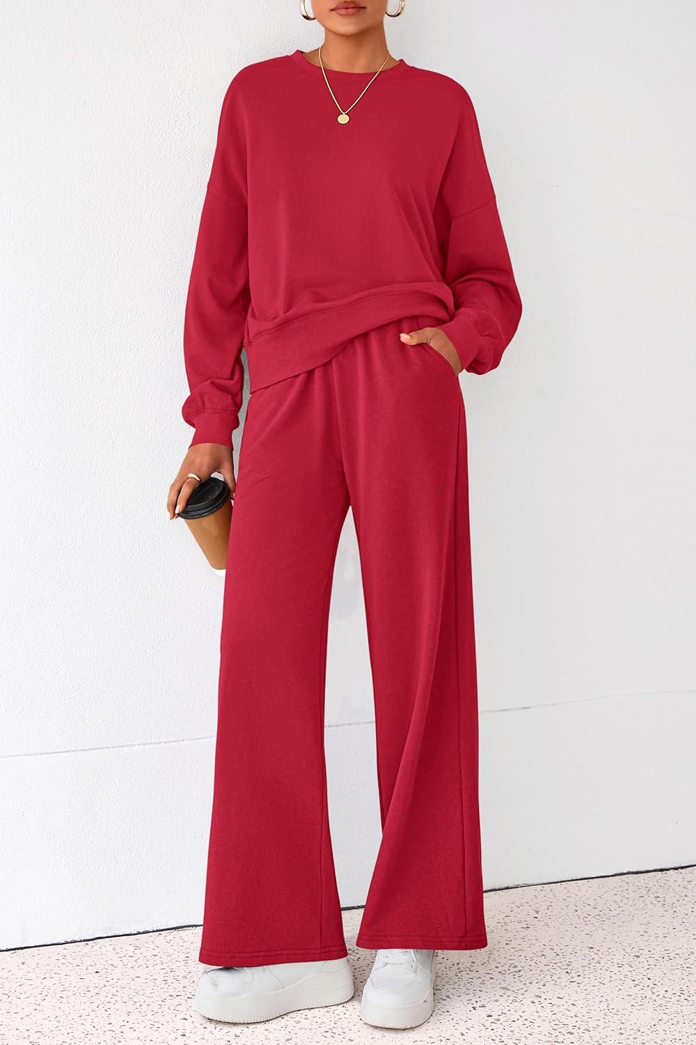 imagePRETTYGARDEN Women 2 Piece Outfits 2026 Spring Sweatsuits Crewneck Sweatshirt Wide Leg Sweatpants Lounge Sets TracksuitRed
