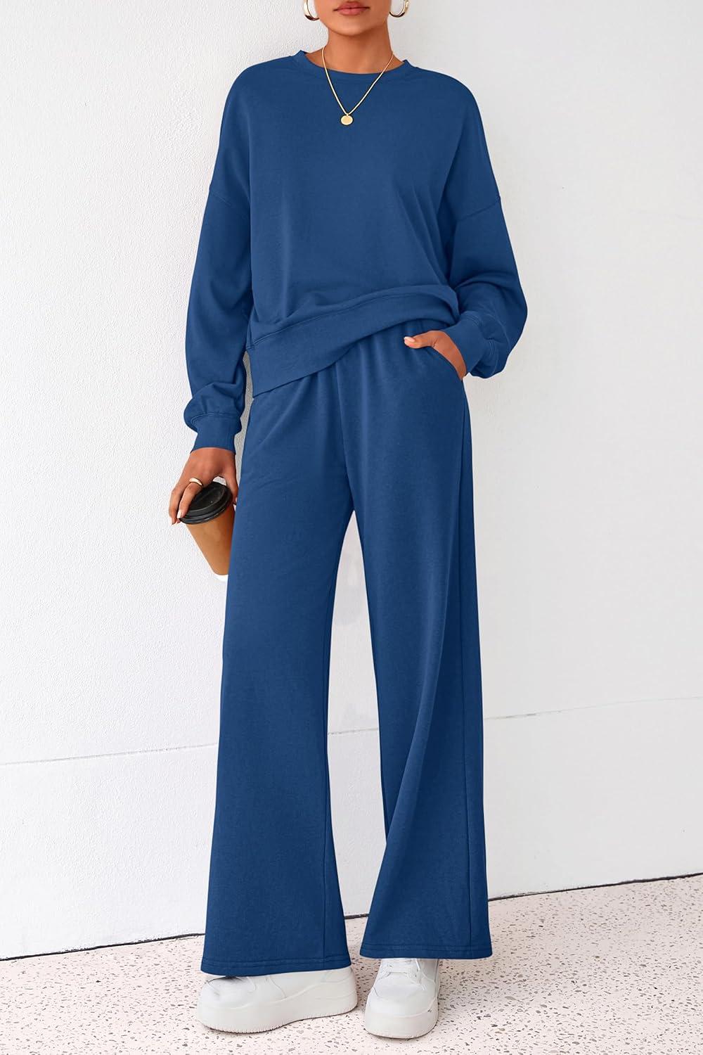 imagePRETTYGARDEN Women 2 Piece Outfits 2026 Spring Sweatsuits Crewneck Sweatshirt Wide Leg Sweatpants Lounge Sets TracksuitRoyal Blue
