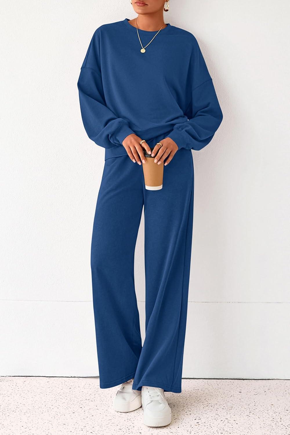 imagePRETTYGARDEN Women 2 Piece Outfits 2026 Spring Sweatsuits Crewneck Sweatshirt Wide Leg Sweatpants Lounge Sets TracksuitRoyal Blue