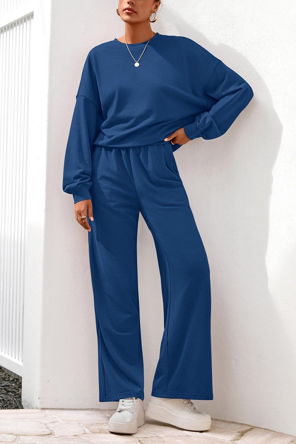 imagePRETTYGARDEN Women 2 Piece Outfits 2026 Spring Sweatsuits Crewneck Sweatshirt Wide Leg Sweatpants Lounge Sets TracksuitRoyal Blue