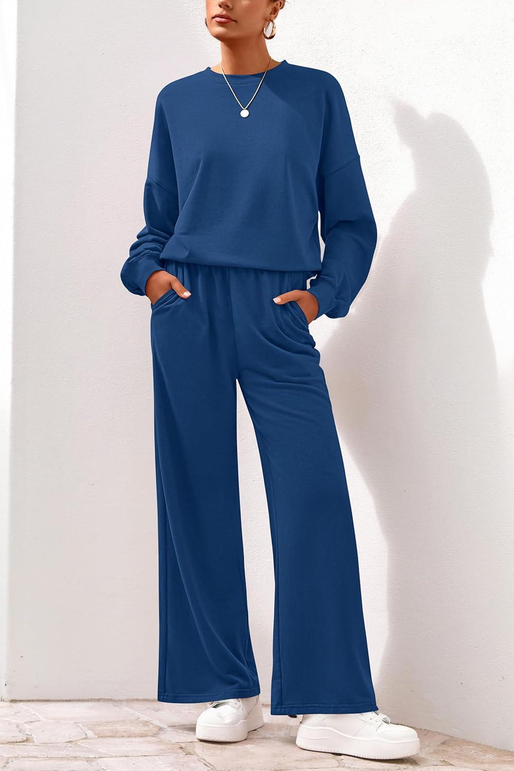imagePRETTYGARDEN Women 2 Piece Outfits 2026 Spring Sweatsuits Crewneck Sweatshirt Wide Leg Sweatpants Lounge Sets TracksuitRoyal Blue