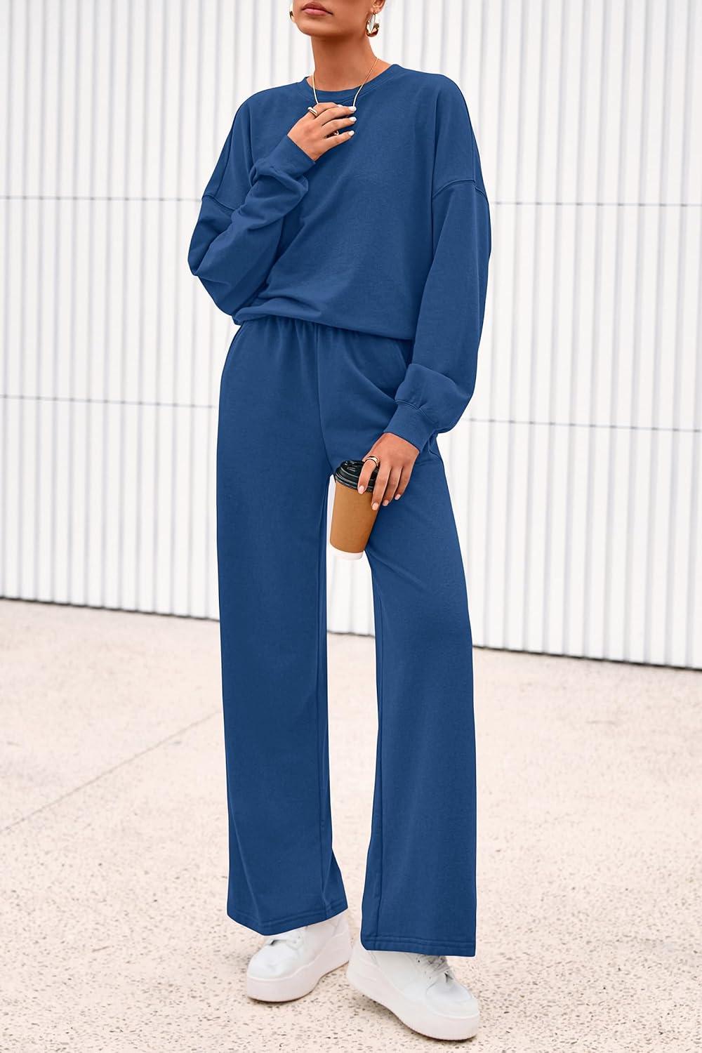 imagePRETTYGARDEN Women 2 Piece Outfits 2026 Spring Sweatsuits Crewneck Sweatshirt Wide Leg Sweatpants Lounge Sets TracksuitRoyal Blue