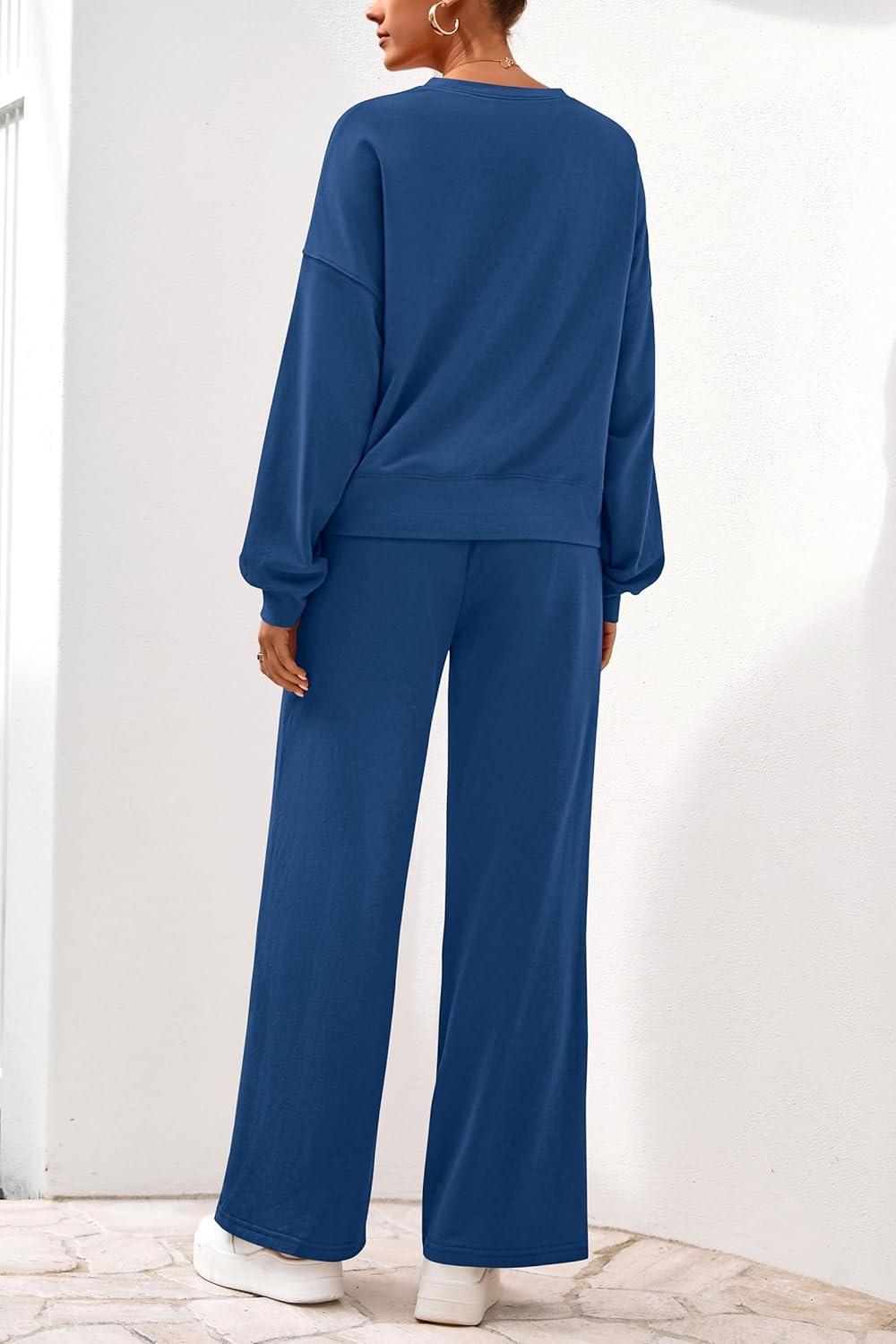 imagePRETTYGARDEN Women 2 Piece Outfits 2026 Spring Sweatsuits Crewneck Sweatshirt Wide Leg Sweatpants Lounge Sets TracksuitRoyal Blue