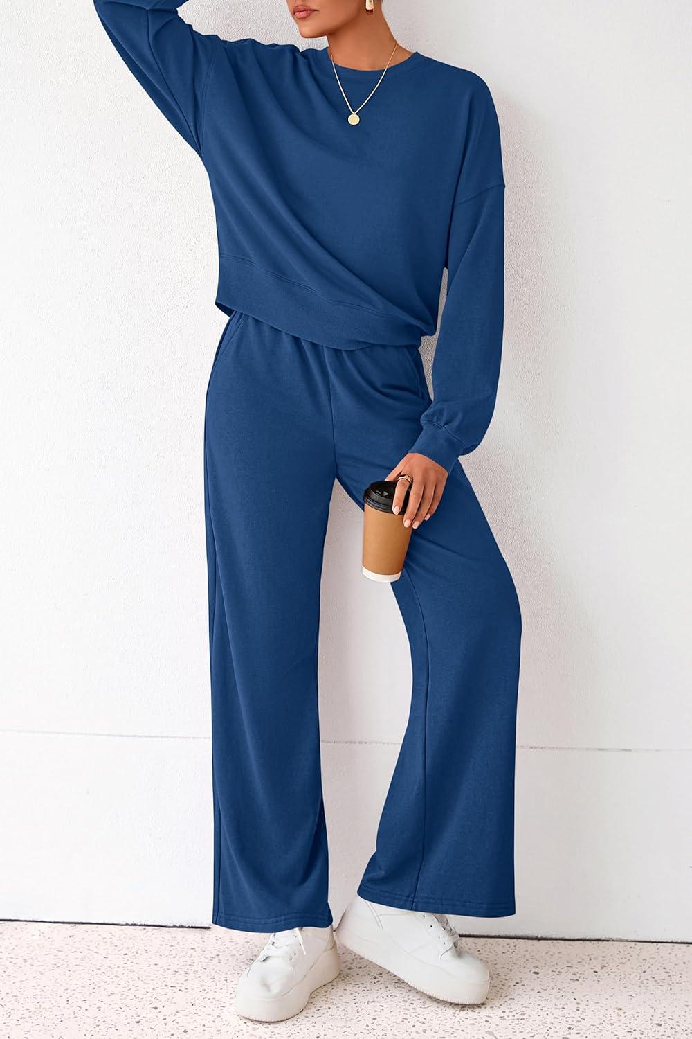 imagePRETTYGARDEN Women 2 Piece Outfits 2026 Spring Sweatsuits Crewneck Sweatshirt Wide Leg Sweatpants Lounge Sets TracksuitRoyal Blue
