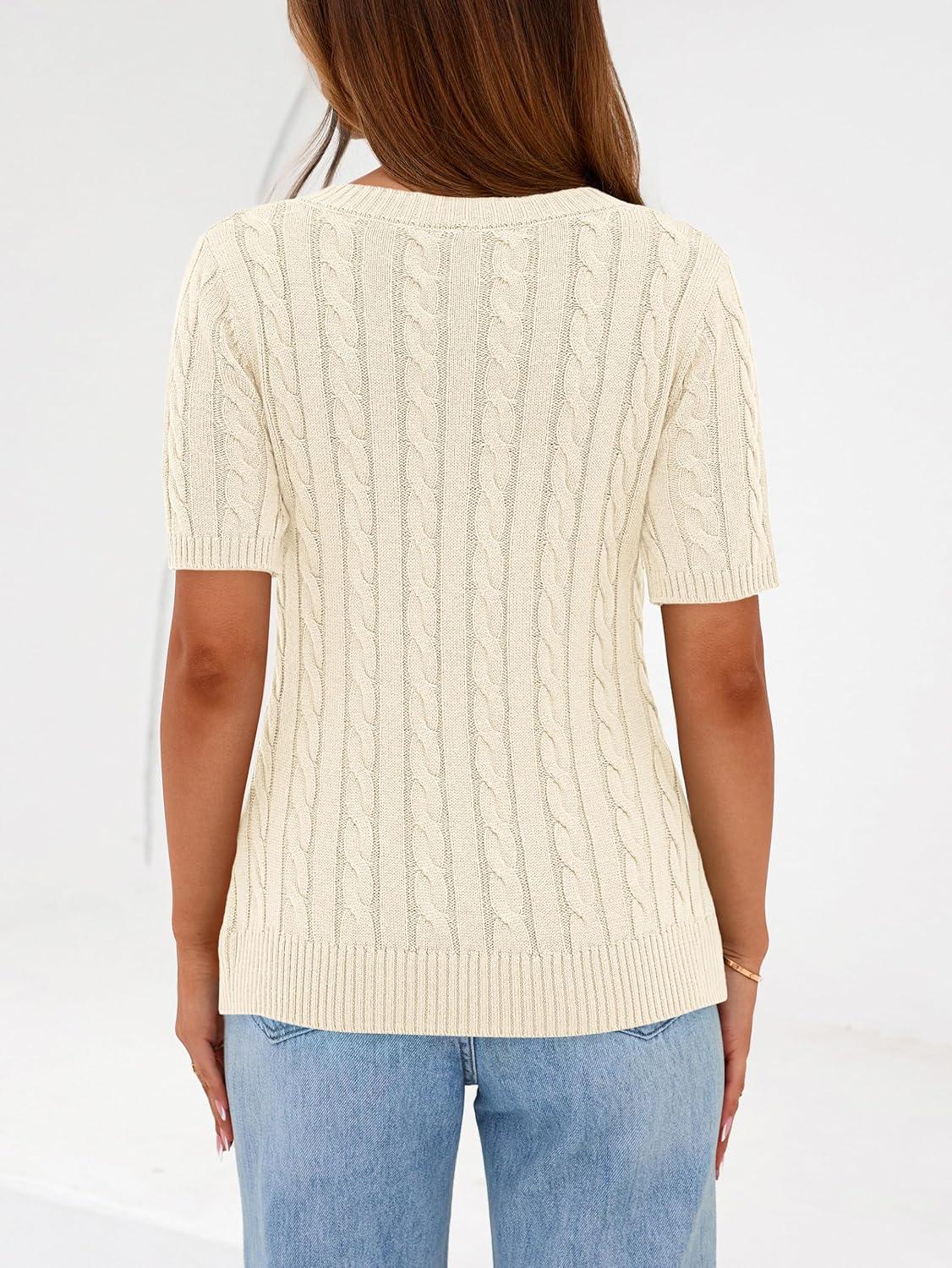 imagePRETTYGARDEN Womens Summer Short Sleeve Sweater Cable Knit V Neck Sweaters Shirts Fitted Work Tops Business Casual OutfitsBeige
