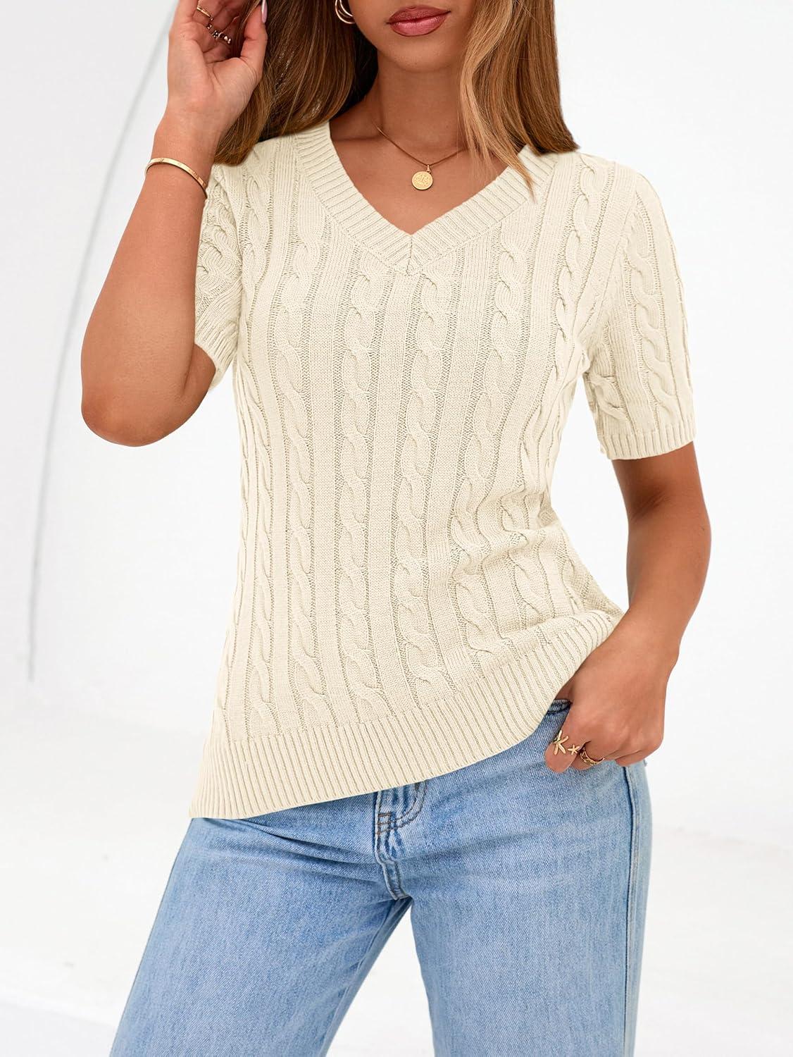 imagePRETTYGARDEN Womens Summer Short Sleeve Sweater Cable Knit V Neck Sweaters Shirts Fitted Work Tops Business Casual OutfitsBeige