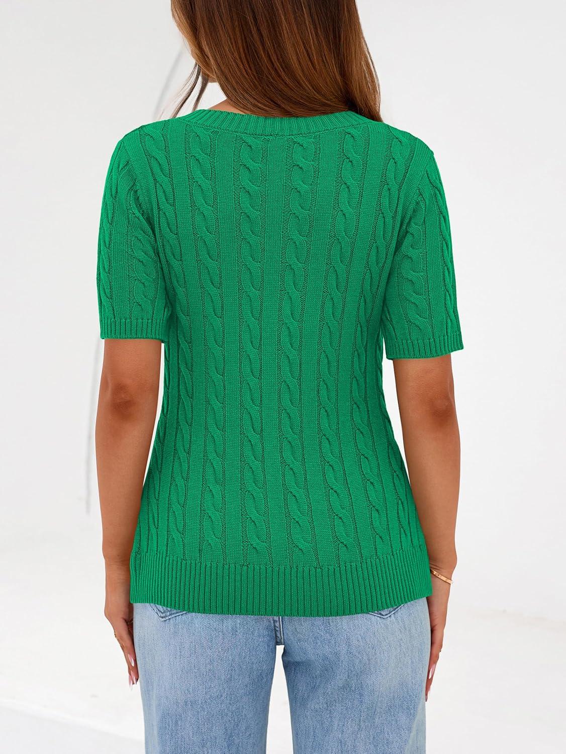 imagePRETTYGARDEN Womens Summer Short Sleeve Sweater Cable Knit V Neck Sweaters Shirts Fitted Work Tops Business Casual OutfitsGreen