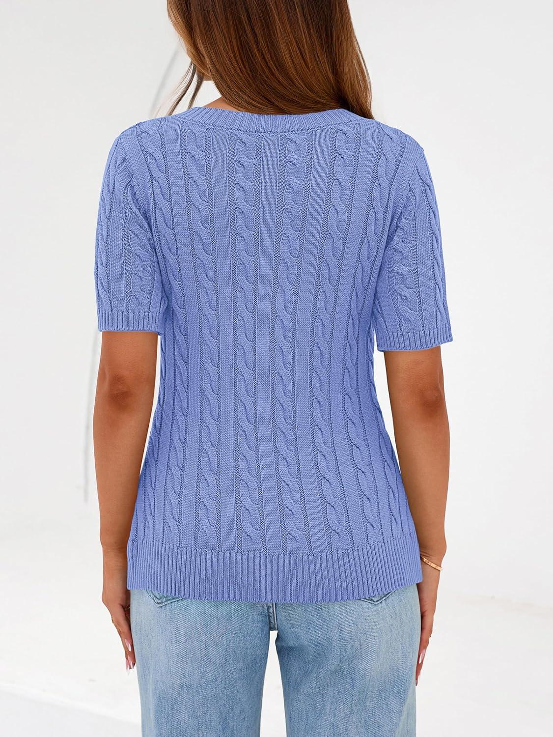 imagePRETTYGARDEN Womens Summer Short Sleeve Sweater Cable Knit V Neck Sweaters Shirts Fitted Work Tops Business Casual OutfitsLight Blue