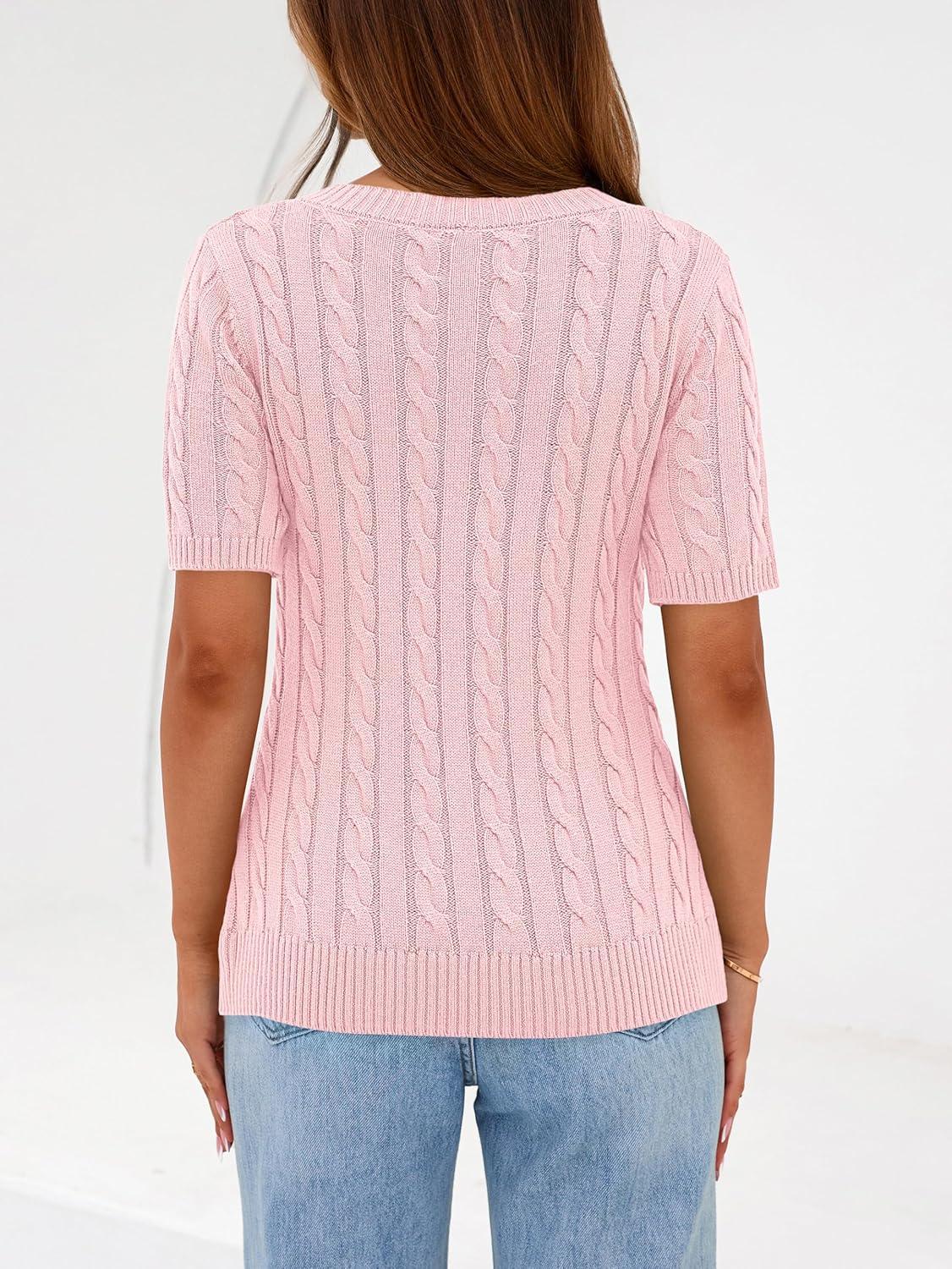 imagePRETTYGARDEN Womens Summer Short Sleeve Sweater Cable Knit V Neck Sweaters Shirts Fitted Work Tops Business Casual OutfitsPink