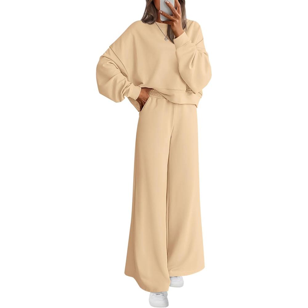 imagePRETTYGARDEN Women 2 Piece Outfits 2026 Spring Sweatsuits Crewneck Sweatshirt Wide Leg Sweatpants Lounge Sets TracksuitApricot