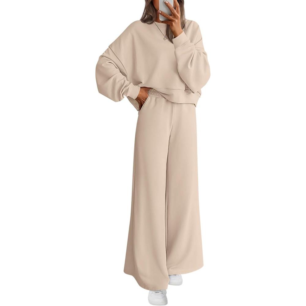 imagePRETTYGARDEN Women 2 Piece Outfits 2026 Spring Sweatsuits Crewneck Sweatshirt Wide Leg Sweatpants Lounge Sets TracksuitBeige