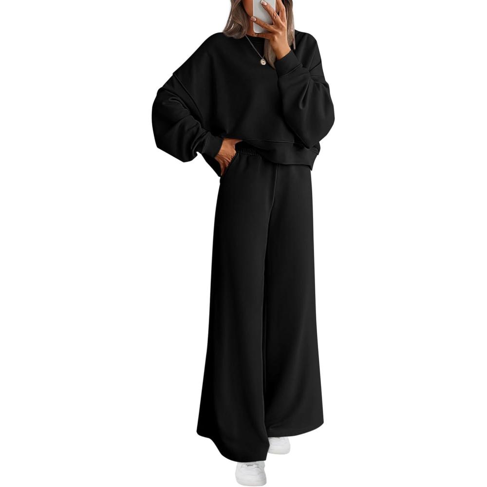 imagePRETTYGARDEN Women 2 Piece Outfits 2026 Spring Sweatsuits Crewneck Sweatshirt Wide Leg Sweatpants Lounge Sets TracksuitBlack