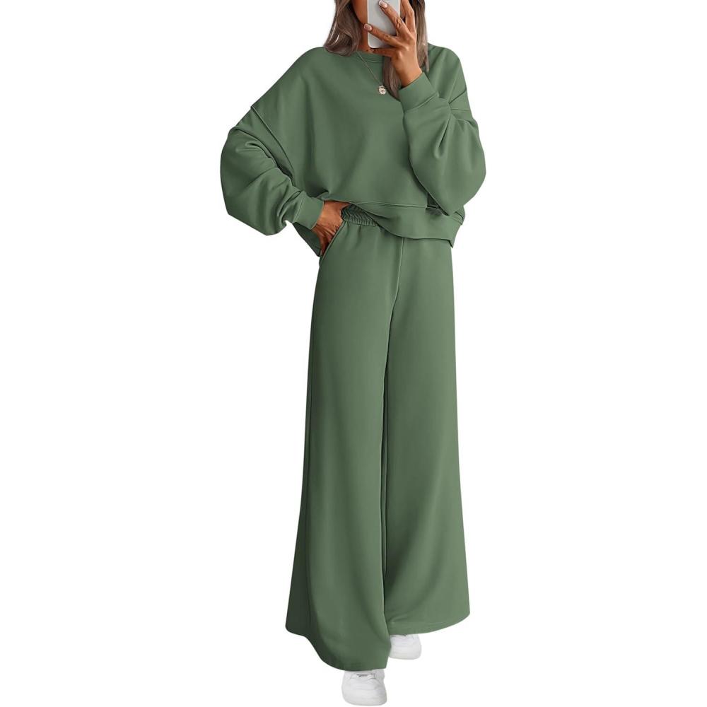 imagePRETTYGARDEN Women 2 Piece Outfits 2026 Spring Sweatsuits Crewneck Sweatshirt Wide Leg Sweatpants Lounge Sets TracksuitGreen