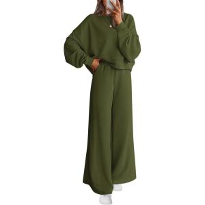 PRETTYGARDEN Women 2 Piece Outfits 2026 Spring Sweatsuits Crewneck Sweatshirt Wide Leg Sweatpants Lounge Sets Tracksuit(Army Green)
