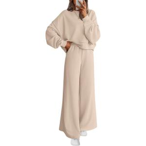 PRETTYGARDEN Women 2 Piece Outfits 2026 Spring Sweatsuits Crewneck Sweatshirt Wide Leg Sweatpants Lounge Sets Tracksuit(Beige)