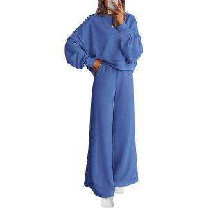 PRETTYGARDEN Women 2 Piece Outfits 2026 Spring Sweatsuits Crewneck Sweatshirt Wide Leg Sweatpants Lounge Sets Tracksuit(Blue)