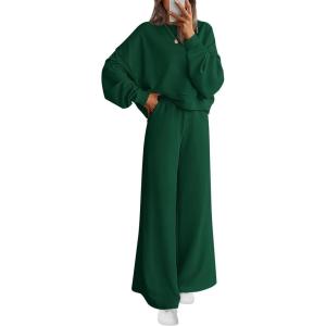 PRETTYGARDEN Women 2 Piece Outfits 2026 Spring Sweatsuits Crewneck Sweatshirt Wide Leg Sweatpants Lounge Sets Tracksuit(Dark Green)