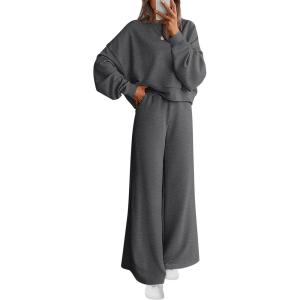 PRETTYGARDEN Women 2 Piece Outfits 2026 Spring Sweatsuits Crewneck Sweatshirt Wide Leg Sweatpants Lounge Sets Tracksuit(Dark Grey)