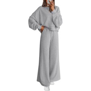 PRETTYGARDEN Women 2 Piece Outfits 2026 Spring Sweatsuits Crewneck Sweatshirt Wide Leg Sweatpants Lounge Sets Tracksuit(Grey)