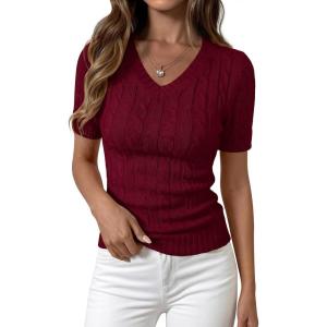 PRETTYGARDEN Womens Summer Short Sleeve Sweater Cable Knit V Neck Sweaters Shirts Fitted Work Tops Business Casual Outfits(Burgundy)