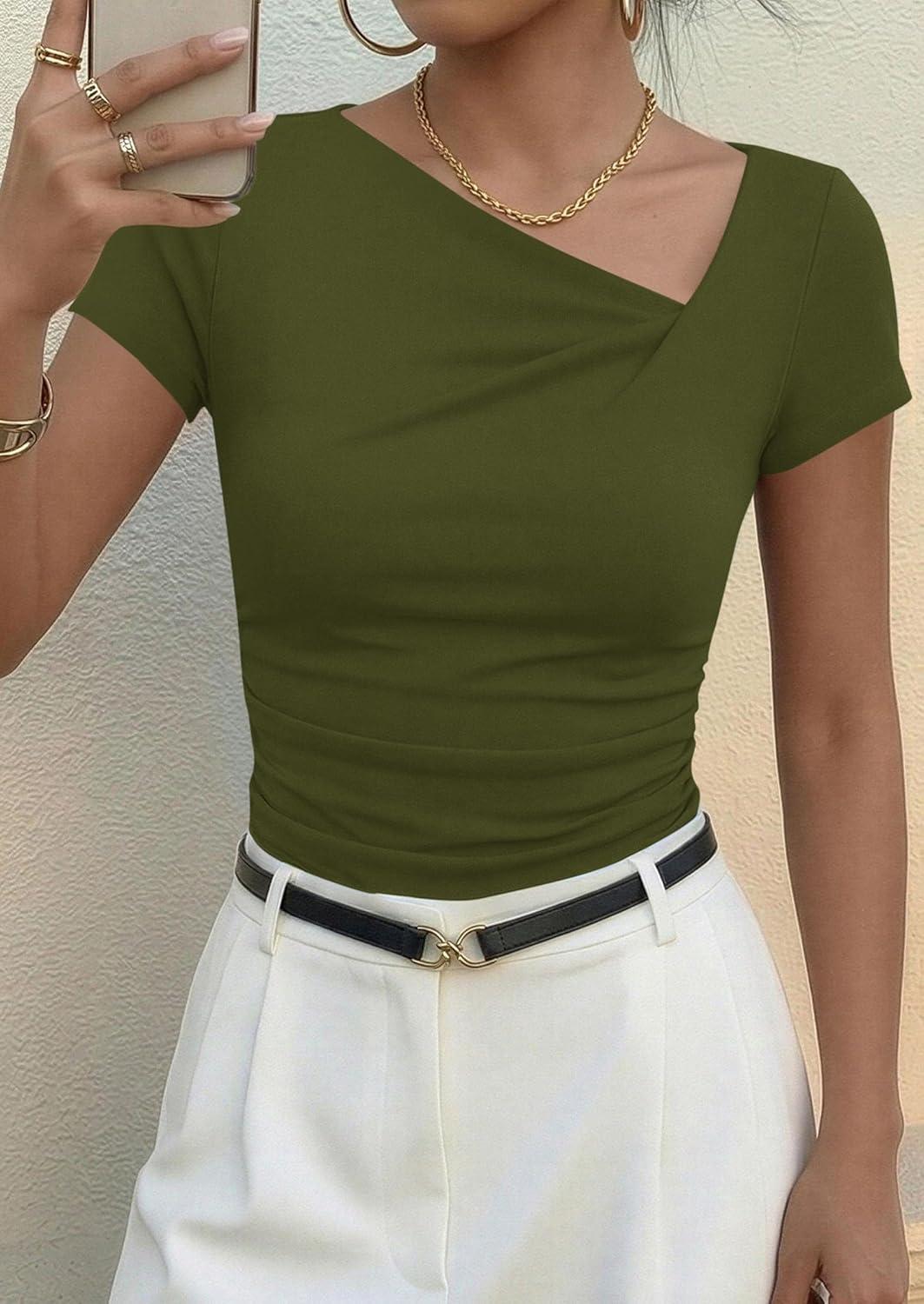 imagePRETTYGARDEN Womens 2026 Summer Asymmetrical Y2K Tops Trendy Ribbed Short Sleeve Fitted Tee Shirts Spring Fashion ClothingArmy Green