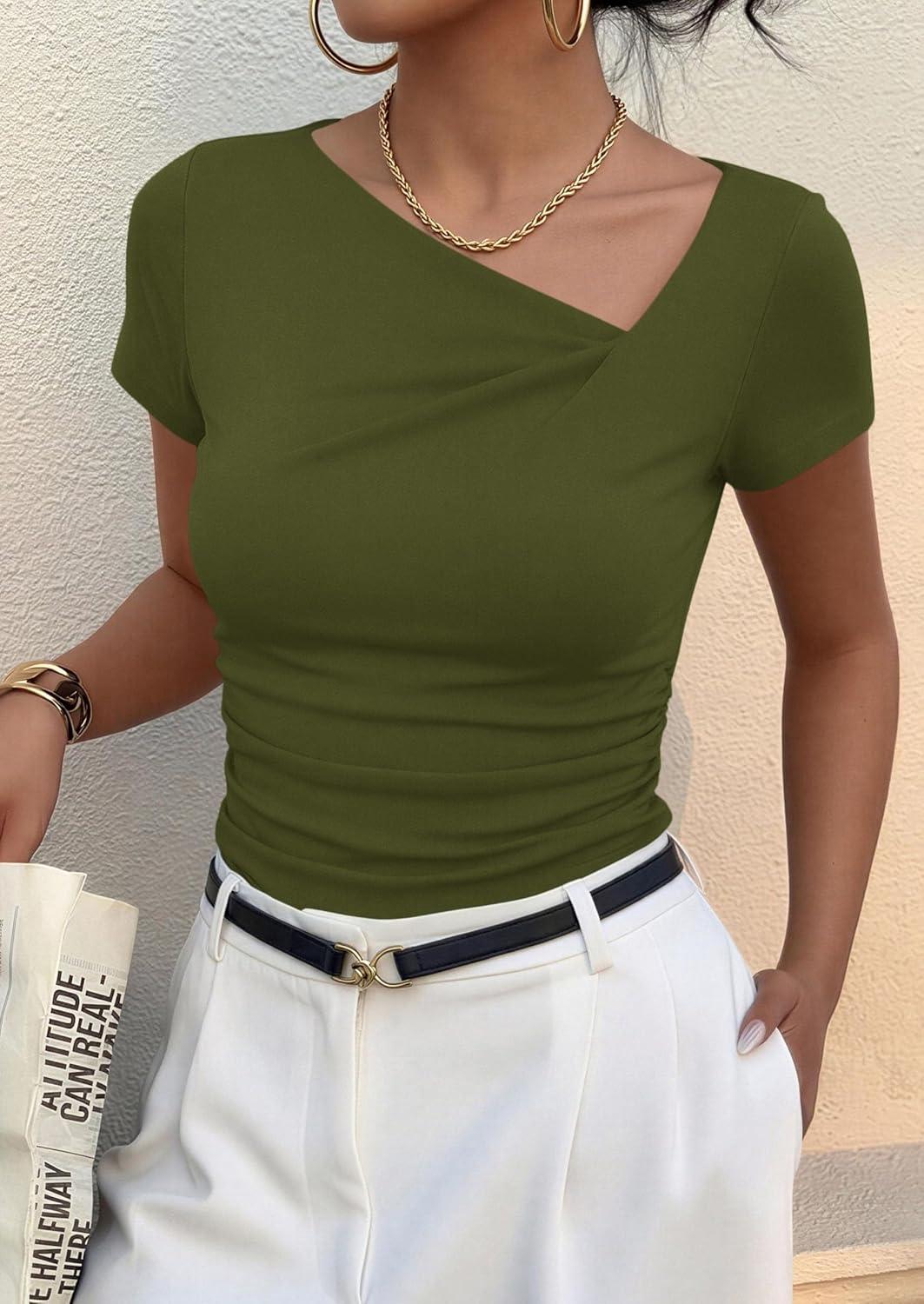 imagePRETTYGARDEN Womens 2026 Summer Asymmetrical Y2K Tops Trendy Ribbed Short Sleeve Fitted Tee Shirts Spring Fashion ClothingArmy Green