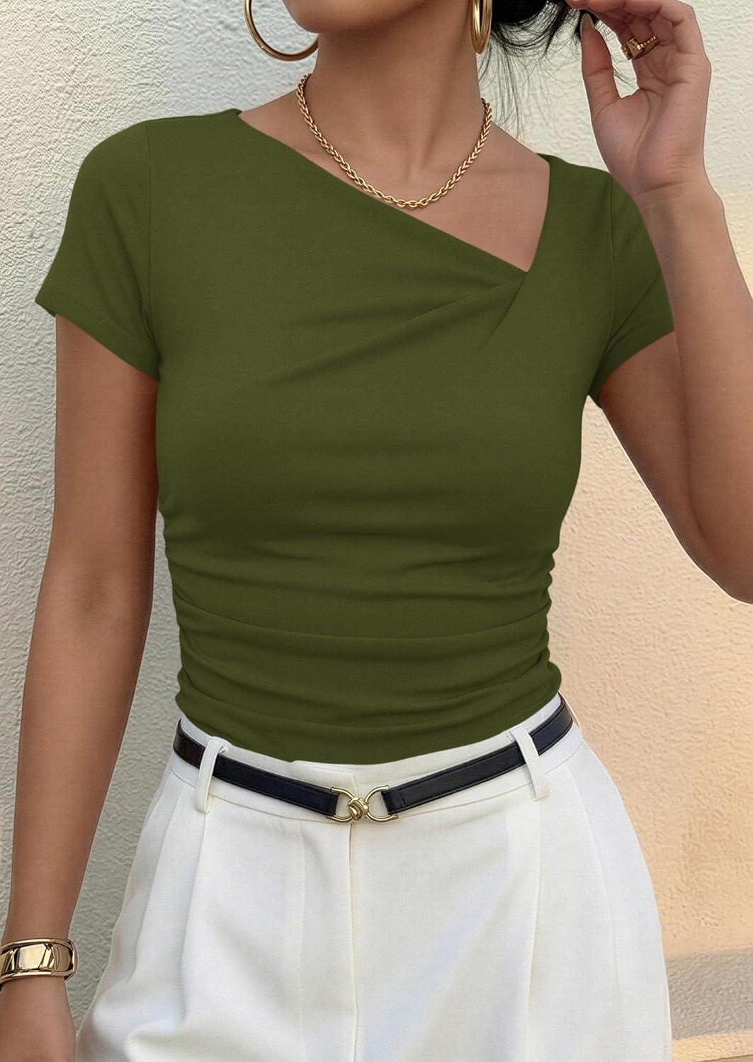 imagePRETTYGARDEN Womens 2026 Summer Asymmetrical Y2K Tops Trendy Ribbed Short Sleeve Fitted Tee Shirts Spring Fashion ClothingArmy Green