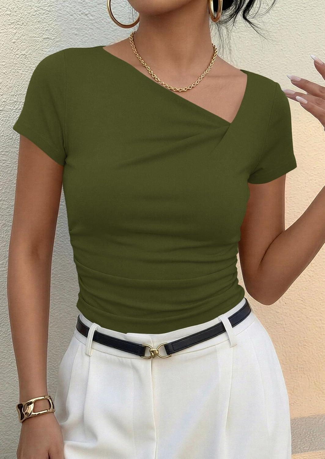 imagePRETTYGARDEN Womens 2026 Summer Asymmetrical Y2K Tops Trendy Ribbed Short Sleeve Fitted Tee Shirts Spring Fashion ClothingArmy Green