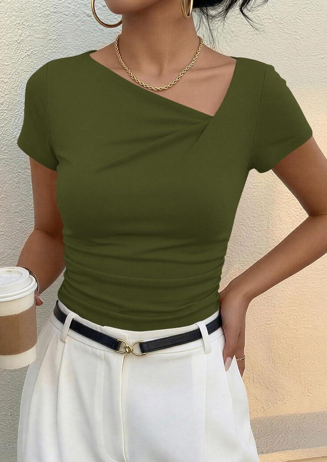 imagePRETTYGARDEN Womens 2026 Summer Asymmetrical Y2K Tops Trendy Ribbed Short Sleeve Fitted Tee Shirts Spring Fashion ClothingArmy Green