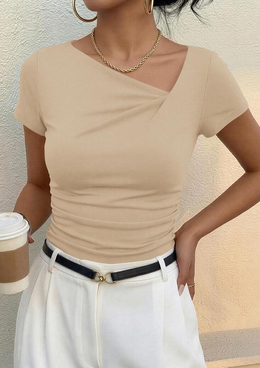 imagePRETTYGARDEN Womens 2026 Summer Asymmetrical Y2K Tops Trendy Ribbed Short Sleeve Fitted Tee Shirts Spring Fashion ClothingBeige