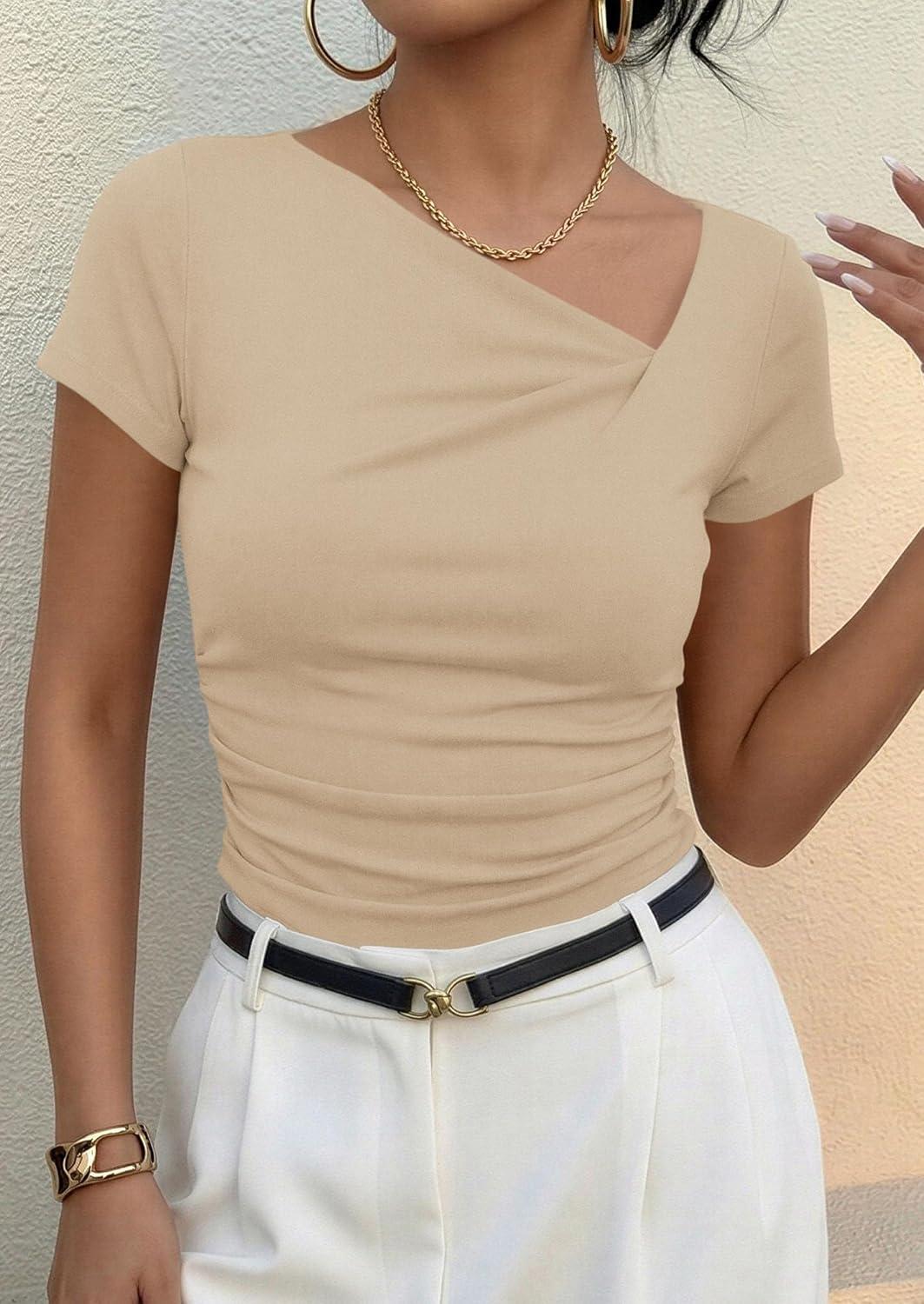 imagePRETTYGARDEN Womens 2026 Summer Asymmetrical Y2K Tops Trendy Ribbed Short Sleeve Fitted Tee Shirts Spring Fashion ClothingBeige