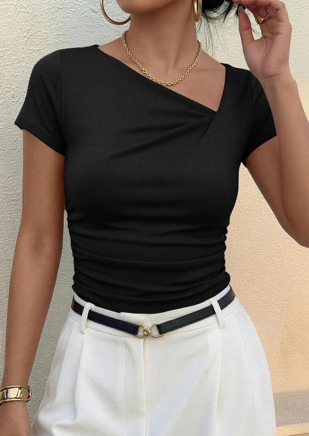 imagePRETTYGARDEN Womens 2026 Summer Asymmetrical Y2K Tops Trendy Ribbed Short Sleeve Fitted Tee Shirts Spring Fashion ClothingBlack