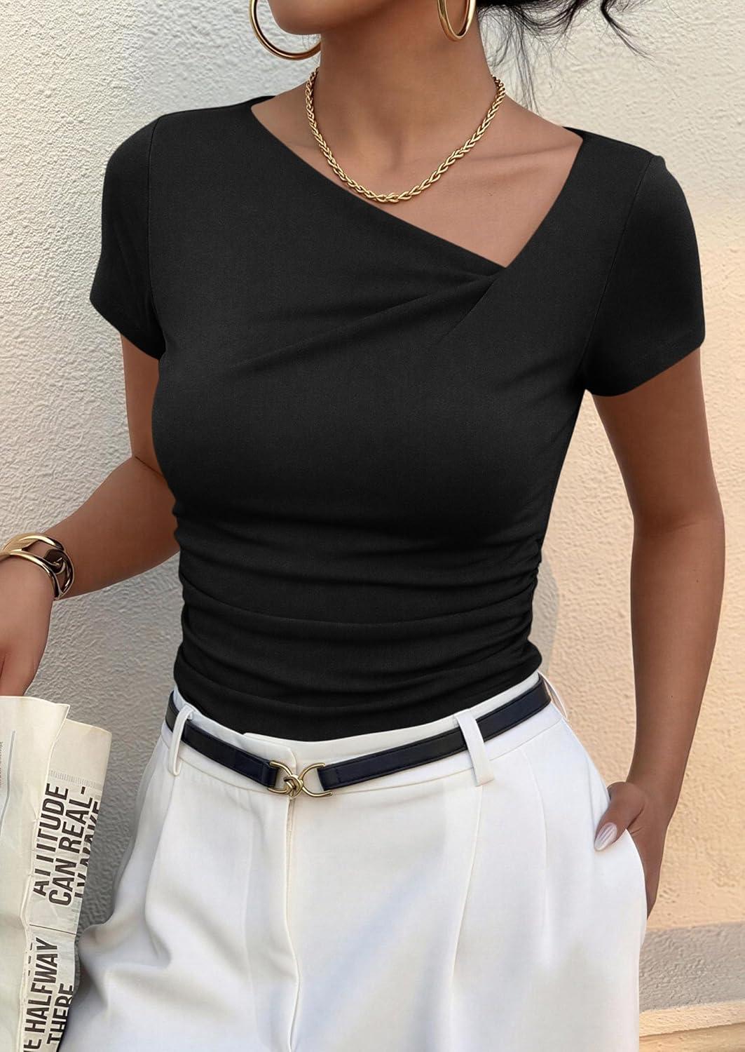 imagePRETTYGARDEN Womens 2026 Summer Asymmetrical Y2K Tops Trendy Ribbed Short Sleeve Fitted Tee Shirts Spring Fashion ClothingBlack