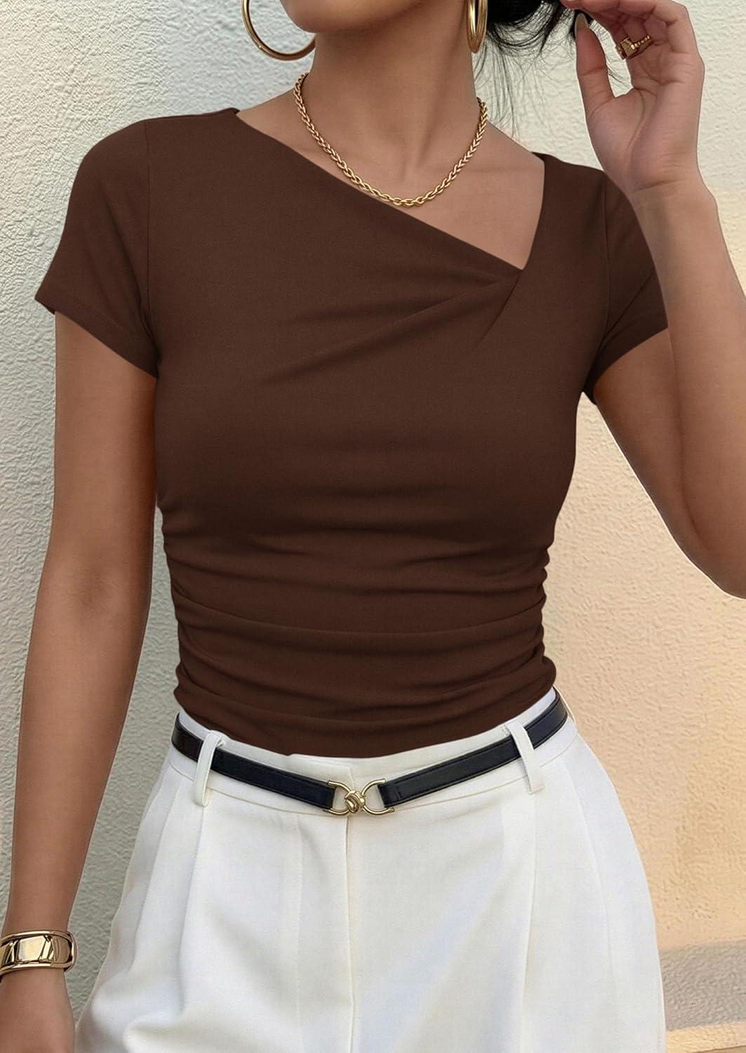 imagePRETTYGARDEN Womens 2026 Summer Asymmetrical Y2K Tops Trendy Ribbed Short Sleeve Fitted Tee Shirts Spring Fashion ClothingBrown