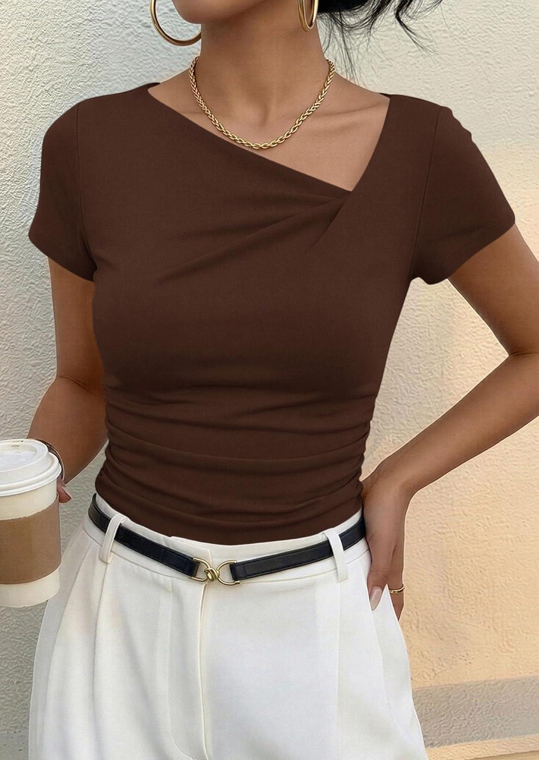 imagePRETTYGARDEN Womens 2026 Summer Asymmetrical Y2K Tops Trendy Ribbed Short Sleeve Fitted Tee Shirts Spring Fashion ClothingBrown