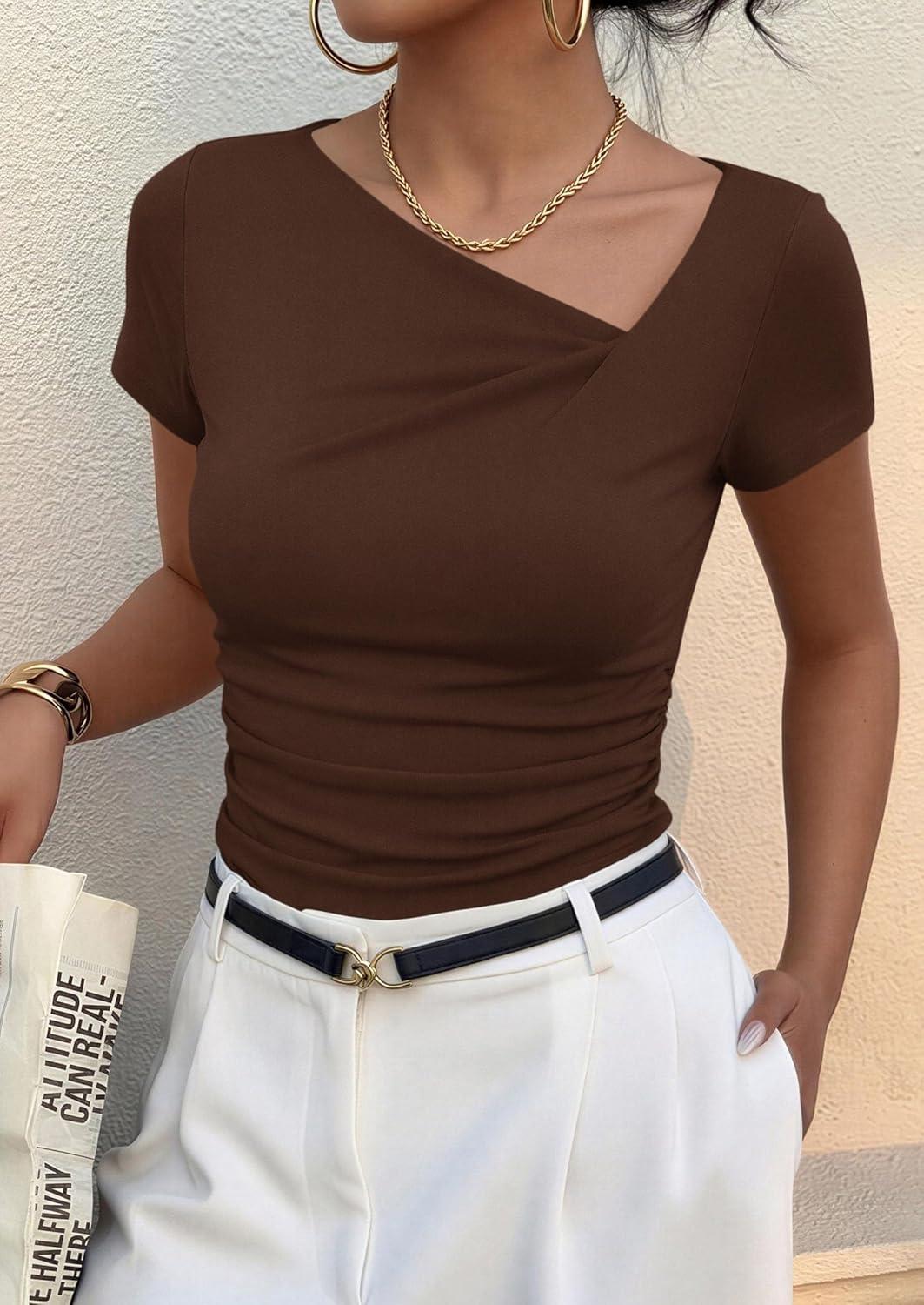 imagePRETTYGARDEN Womens 2026 Summer Asymmetrical Y2K Tops Trendy Ribbed Short Sleeve Fitted Tee Shirts Spring Fashion ClothingBrown