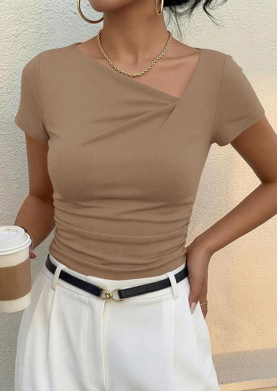 imagePRETTYGARDEN Womens 2026 Summer Asymmetrical Y2K Tops Trendy Ribbed Short Sleeve Fitted Tee Shirts Spring Fashion ClothingKhaki