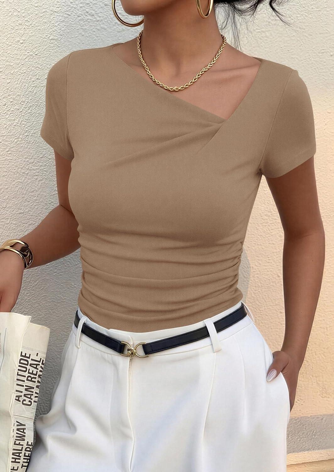 imagePRETTYGARDEN Womens 2026 Summer Asymmetrical Y2K Tops Trendy Ribbed Short Sleeve Fitted Tee Shirts Spring Fashion ClothingKhaki