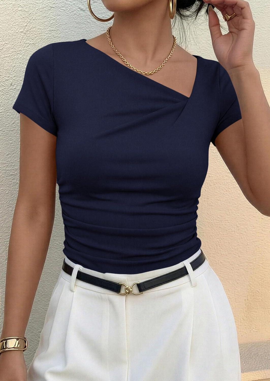 imagePRETTYGARDEN Womens 2026 Summer Asymmetrical Y2K Tops Trendy Ribbed Short Sleeve Fitted Tee Shirts Spring Fashion ClothingNavy Blue