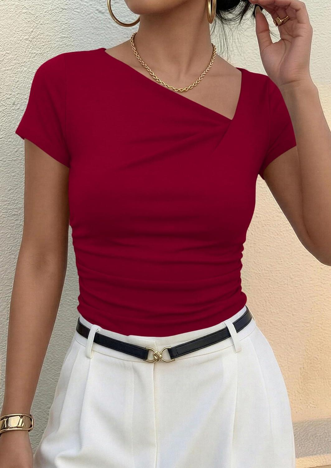 imagePRETTYGARDEN Womens 2026 Summer Asymmetrical Y2K Tops Trendy Ribbed Short Sleeve Fitted Tee Shirts Spring Fashion ClothingRed