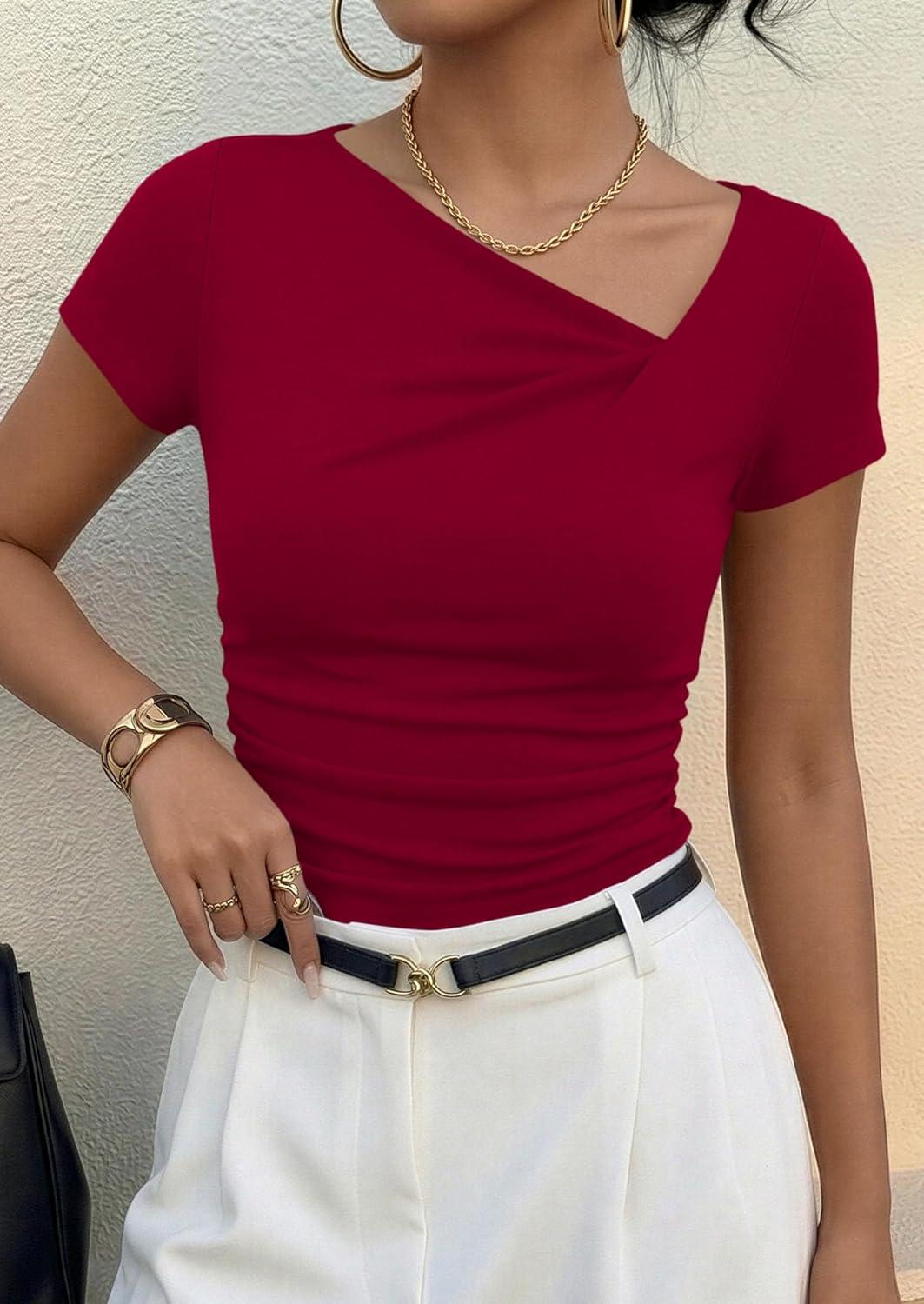 imagePRETTYGARDEN Womens 2026 Summer Asymmetrical Y2K Tops Trendy Ribbed Short Sleeve Fitted Tee Shirts Spring Fashion ClothingRed
